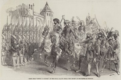 Scena da "Pietro il Grande," al Royal Italian Opera, la rivista alla battaglia di Pultava (incisione) da English School