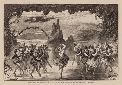 Scena della pantomima "Jack e il gambo del fagiolo", al Theatre Royal di Sheffield (incisione) da English School
