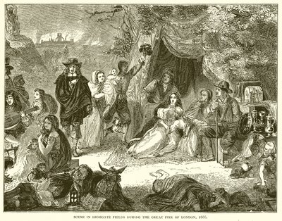 Scena nei campi di Highgate durante il grande incendio di Londra, 1666 da English School