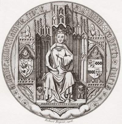 Sigillo di Robert Stewart, Duca di Albany, c. 1340 – 1420. Membro della casa reale scozzese, reggente, Governatore della Scozia, Duca di Albany, Conte di Fife e Menteith. Da Iconographia Scotica o Ritratti di Persone Illustri di Scozia, pubblicato nel 1797 da English School