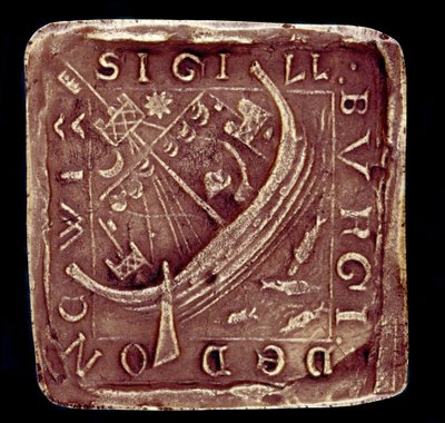Sigillo della città di Dunwich nel Suffolk. Una nave è rappresentata in un mare agitato, probabilmente alludendo alle tempeste che distrussero parte della città nel 1286 e 1347. XIV secolo. Parigi, Archivio Nazionale da English School