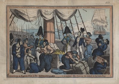 Ispezione di una nave britannica nei Dardanelli, o il nostro fedele alleato che mostra il suo rispetto per la bandiera britannica (incisione colorata) da English School