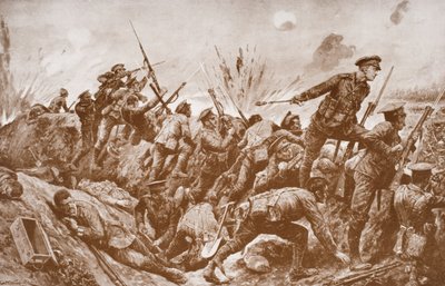Secondo tenente G.H. Woolley nella difesa di Hill 60 con i suoi uomini da English School