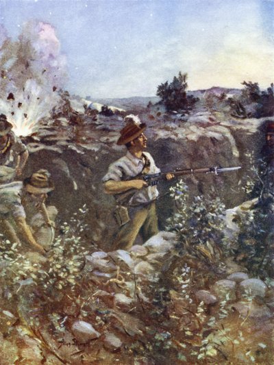 Sottotenente Hugo Throssell che tiene parte di una trincea turca catturata contro i contrattacchi nemici, Collina 60, Gallipoli, 29 agosto 1915 da English School