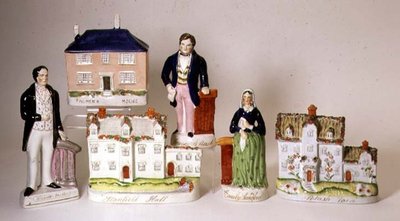 Selezione di Figure Titolate di Staffordshire: Stanfield Hall; Potash Farm; Casa di Palmer; Emily Sandford; James Bloomfield Rush; William Palmer, c.1849 da English School