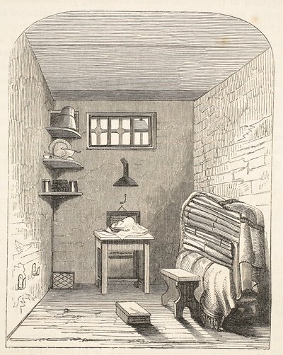 Cella separata nella parte vecchia della prigione di Brixton, illustrazione da The Criminal Prisons of London and Scenes from Prison Life di Henry Mayhew e John Binny, pub. 1862 da English School