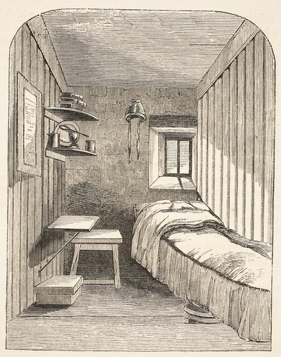 Cella da letto separata in una delle nuove ali della prigione femminile di Brixton, illustrazione da The Criminal Prisons of London and Scenes from Prison Life di Henry Mayhew e John Binny, pub da English School
