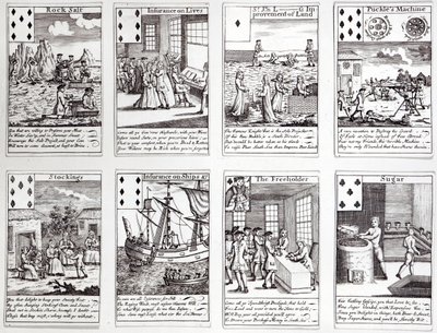 Set di carte da gioco che raffigurano scene satiriche di imprese commerciali e investimenti attuali, c.1720 da English School