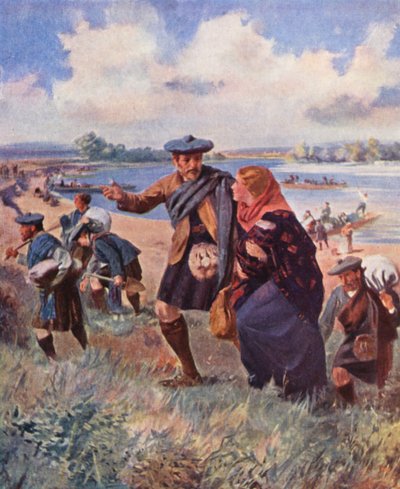 Coloni di Kildonan che arrivano al Red River, Manitoba da English School