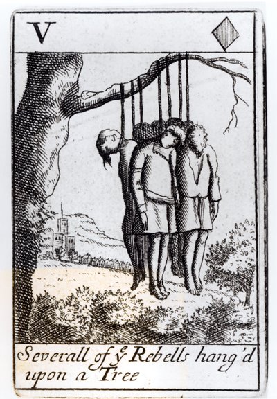 Diversi ribelli impiccati a un albero, carta da gioco dei cinque di cuori da un set che commemora la ribellione di Monmouth nel 1685 da English School