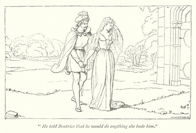 Molto rumore per nulla di Shakespeare; Beatrice lamenta la disgrazia di Ero a Benedetto (incisione) da English School