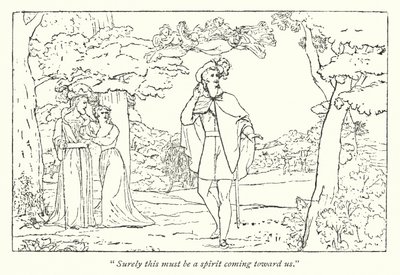 La tempesta di Shakespeare; Ferdinando guidato dal canto di Ariel (incisione) da English School