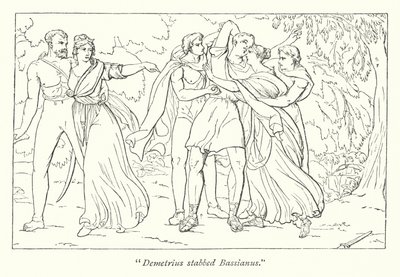Tito Andronico di Shakespeare; Demetrio, istigato da Tamora, uccide Bassiano (incisione) da English School