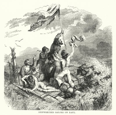 Marinai naufraghi su una zattera (incisione a colori) da English School