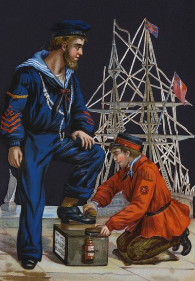 Lustrascarpe che lucida gli stivali di un marinaio, pubblicità per il lucido da scarpe Carr