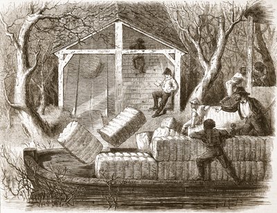 Sparare balle di cotone nella parte anteriore del battello a vapore Magnolia, illustrazione da The Illustrated London News, 1861 da English School