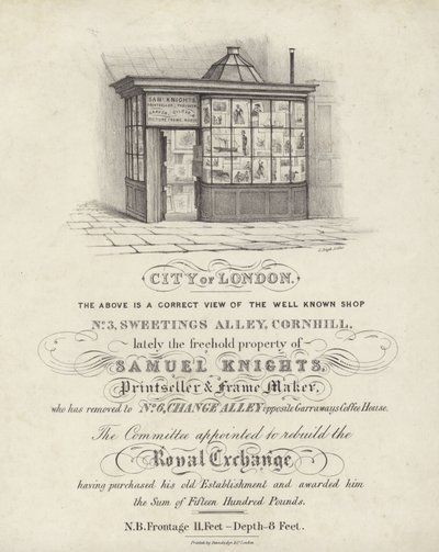 Negozio di Samuel Knights, venditore di stampe e corniciaio, 3 Sweetings Alley, Cornhill, Città di Londra da English School