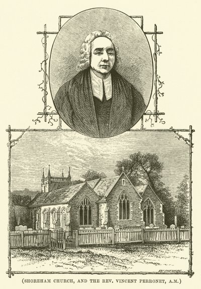 La chiesa di Shoreham e il reverendo Vincent Perronet, AM (incisione) da English School
