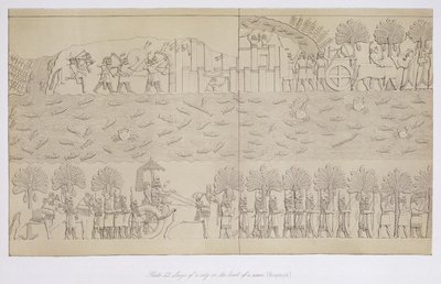 Assedio di una città sulla riva di un fiume, tavola 42 da Ninive e i suoi resti di Austen Henry Layard (1817-94) pubblicato 1849 da English School