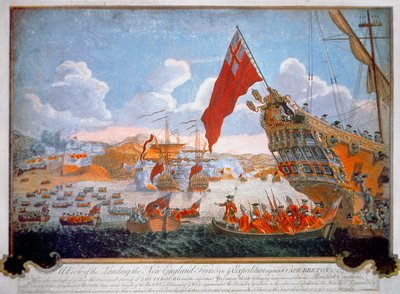Assedio della fortezza francese di Louisbourg nel 1745 da parte di navi britanniche e coloni del New England da English School