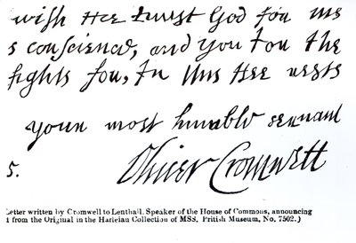 Firma di Oliver Cromwell, da una lettera manoscritta a Lenthall, Speaker della Camera dei Comuni da English School