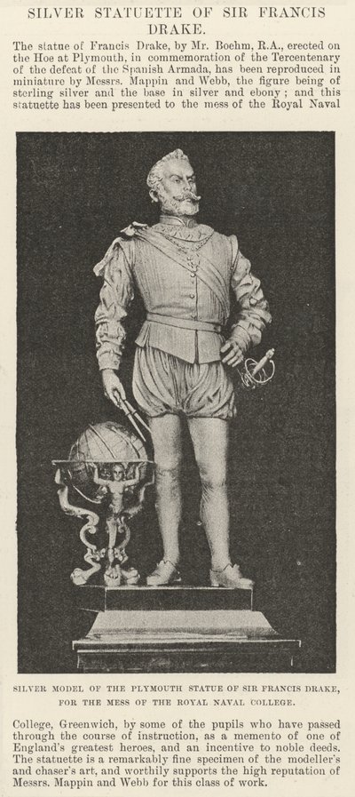 Modello in Argento della Statua di Sir Francis Drake a Plymouth, per il Mess del Royal Naval College da English School