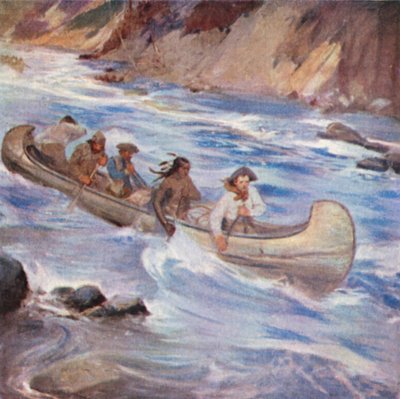 Simon Fraser che attraversa le rapide del fiume Fraser da English School