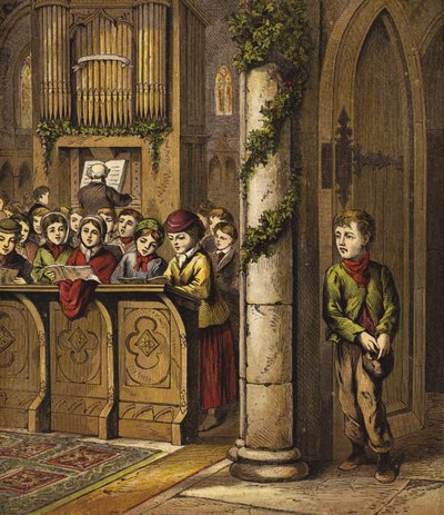 Cantare canti natalizi in chiesa, con un ragazzo povero vicino alla porta da English School