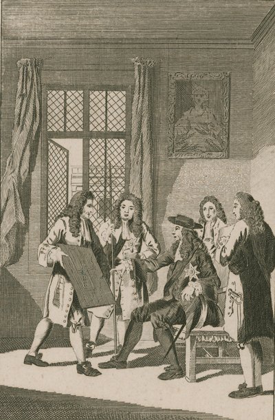 Sir Christopher Wren che presenta a Re Carlo II il suo piano per la ricostruzione della Città di Londra da English School