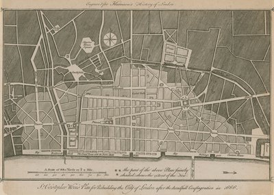 Piano di Sir Christopher Wren per la ricostruzione della Città di Londra dopo il terribile incendio del 1666 da English School