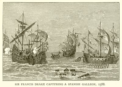 Sir Francis Drake cattura un galeone spagnolo, 1588 da English School