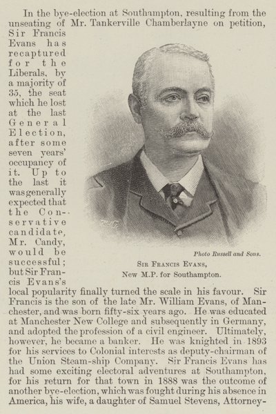 Sir Francis Evans, nuovo MP per Southampton (incisione) da English School