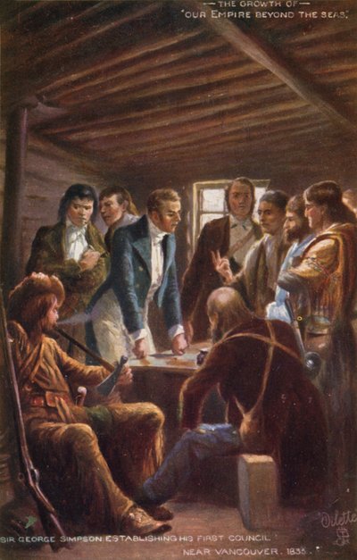 Sir George Simpson stabilisce il suo primo consiglio vicino a Vancouver, 1835 da English School