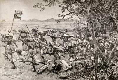 Sir Henry Morton Stanley e i suoi uomini emergono finalmente dalla foresta verso la prateria nel 1887, durante la loro spedizione di soccorso di Emin Pasha in Africa da English School