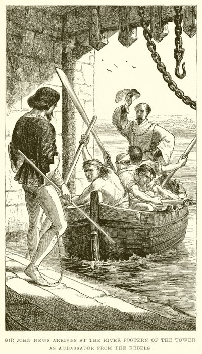 Sir John News arriva al Postern del Fiume della Torre come Ambasciatore dei Ribelli da English School