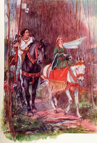 Sir Lancillotto e la Regina Ginevra. Illustrazione colorata dal libro The Gateway to Tennyson pubblicato nel 1910 da English School