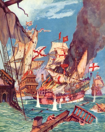 Sir Richard Grenville, Battaglia di Flores (litografia a colori) da English School