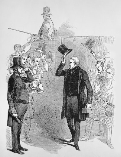 Sir Robert Peel che arriva alla Camera dei Comuni, salutato da un 