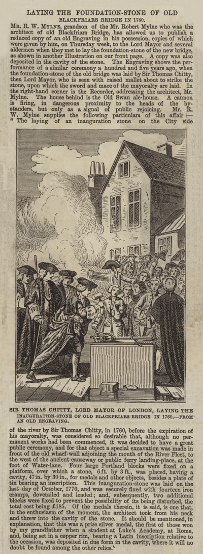 Sir Thomas Chitty, Sindaco di Londra, posa la pietra inaugurale del vecchio ponte di Blackfriars nel 1760 da English School