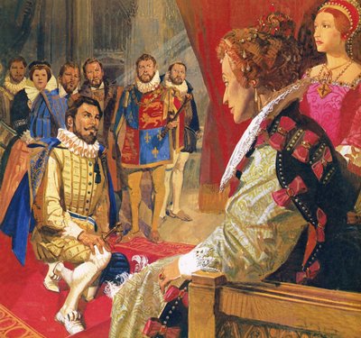 Sir Walter Raleigh davanti alla Regina Elisabetta da English School