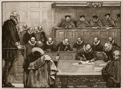 Sir Walter Raleigh davanti ai giudici, illustrazione da Cassells Illustrated History of England da English School