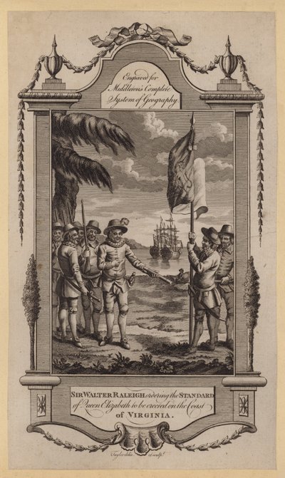 Sir Walter Raleigh ordina di erigere lo stendardo della Regina Elisabetta sulla costa della Virginia da English School