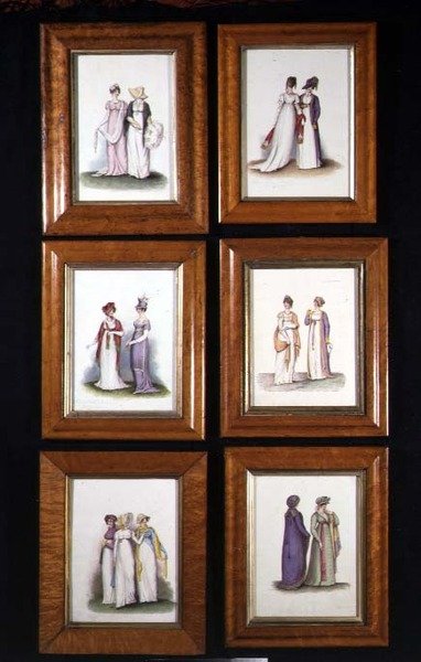 Sei miniature che raffigurano la moda femminile della fine del XVIII e dell