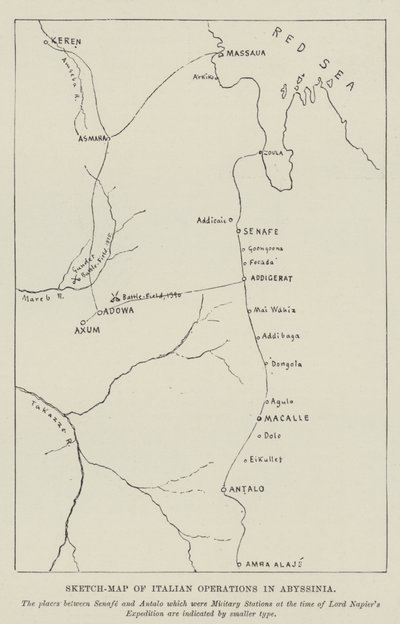 Schizzo della mappa delle operazioni italiane in Abissinia (incisione) da English School