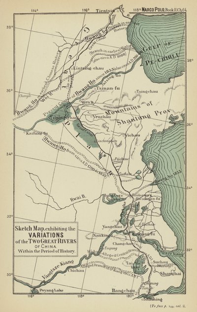 Mappa schizzo, che mostra le variazioni dei due grandi fiumi della Cina nel periodo storico (litografia a colori) da English School