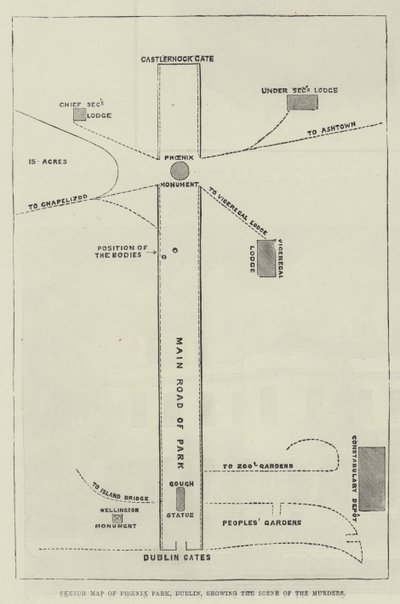 Mappa di Phoenix Park, Dublino, che mostra la scena degli omicidi da English School