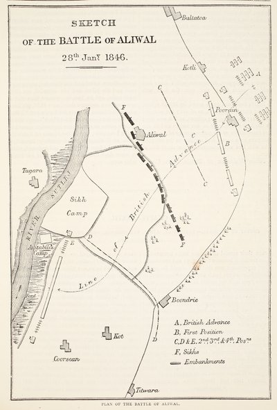 Schizzo della Battaglia di Aliwal, 28 gennaio 1846, da Cassells Illustrated History of England da English School
