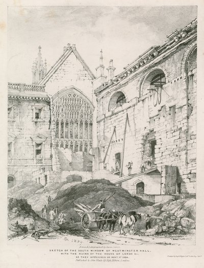 Schizzo della finestra sud della Westminster Hall con le rovine della Camera dei Lord da English School