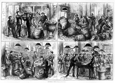 Schizzi al General Post-Office: Ricezione delle Lettere alla Finestra E.C.; Ricezione delle Borse Provinciali nell