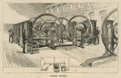 Schizzi alla Royal Mint, Tower Hill; presse per coniare da English School